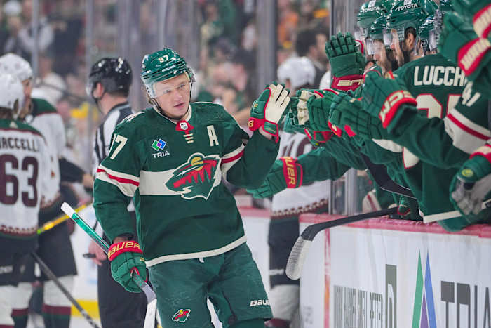 Mar 12, 2024; Saint Paul, Minnesota, USA; Minnesota Wild left wing Kirill Kaprizov (97) celebrates his goal against the Arizona Coyotes in the first period at Xcel Energy Center.